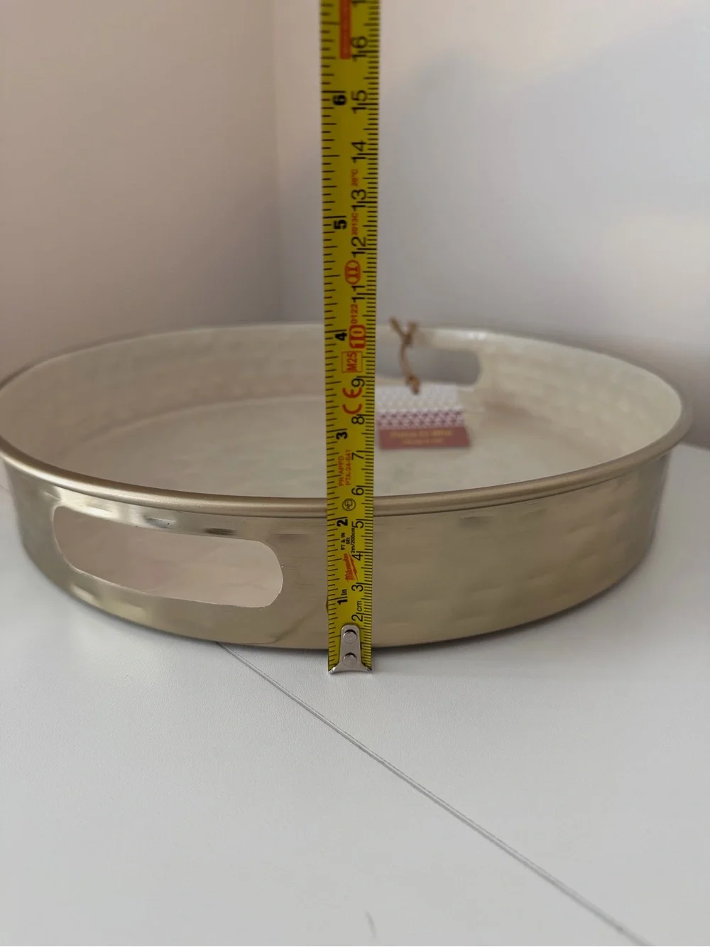 Round Gold Metal Serving Tray Hammered Decorative Handles 12” New